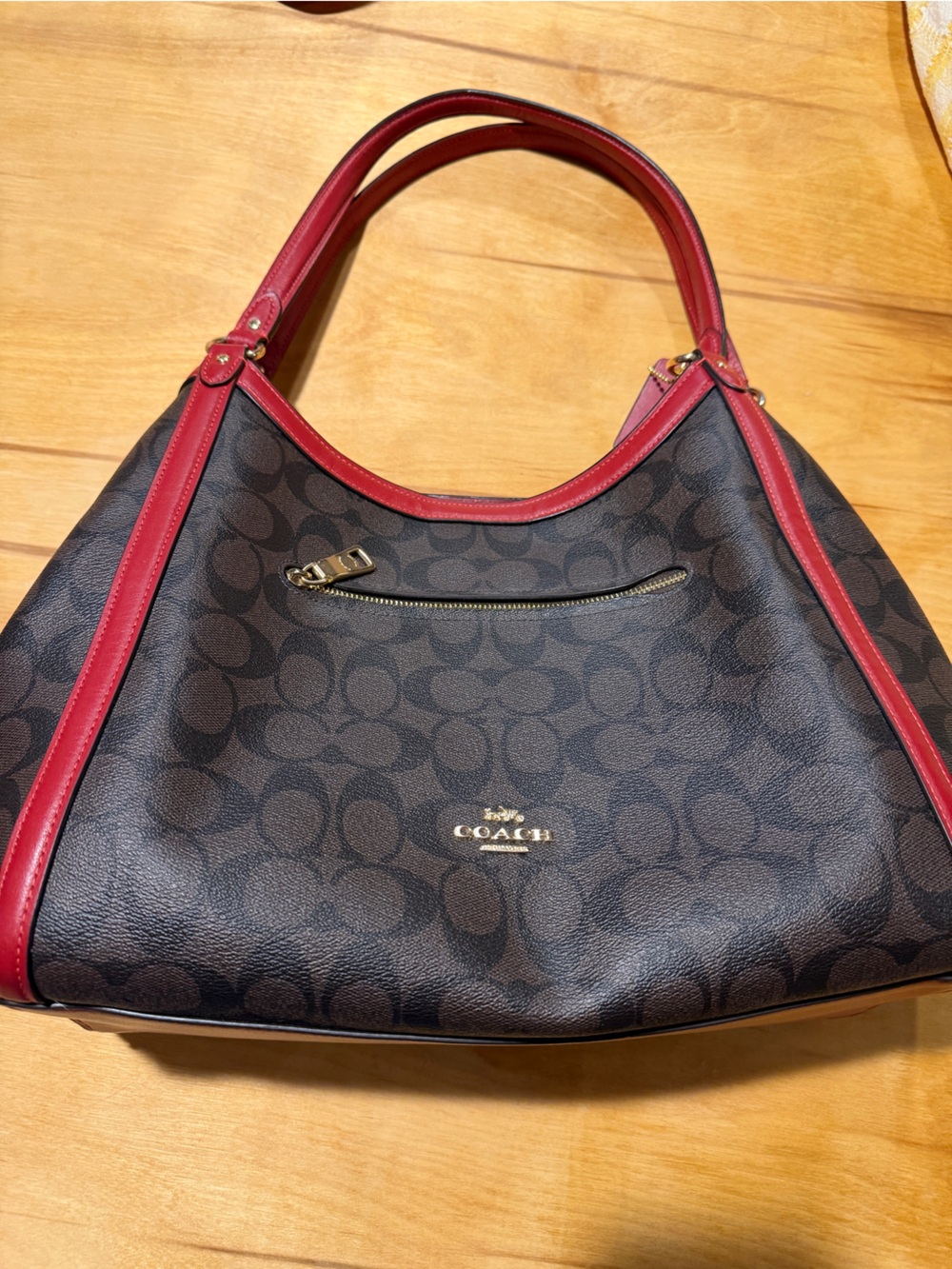 Coach Signature Hobo Bag in Brown with Red Trim